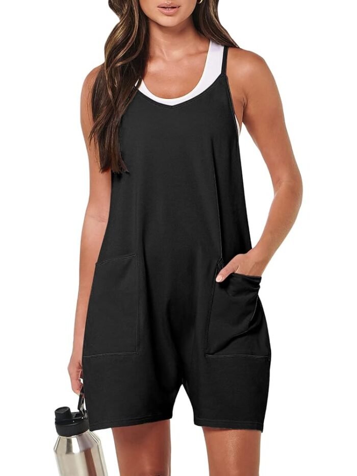 ANRABESS Womens Summer Casual Sleeveless Romper Loose Spaghetti Strap Overalls Shorts Jumpsuit with Pockets 2025 Clothes