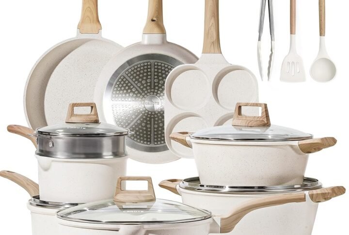 CAROTE 21Pcs Pots and Pans Set, Nonstick Cookware Sets, White Granite Induction Cookware Non Stick Cooking Set w/Frying Pans & Saucepans(PFOS, PFOA Free)