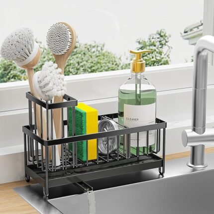 Cisily Sponge Holder for Kitchen Sink, Sink Caddy with High Brush Holder, Kitchen Sink Organizer Countertop Rustproof 304 Stainless Steel , Soap Dispenser Kitchen Organizers and...