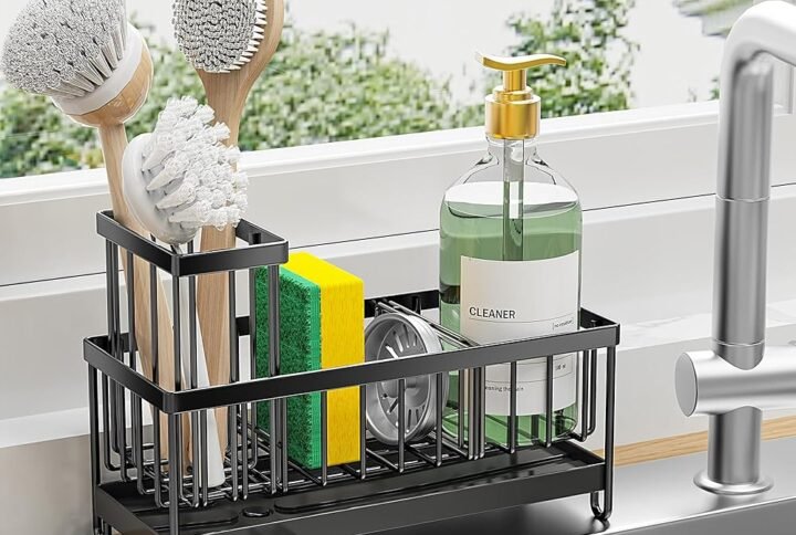 Cisily Sponge Holder for Kitchen Sink, Sink Caddy with High Brush Holder, Kitchen Sink Organizer Countertop Rustproof 304 Stainless Steel , Soap Dispenser Kitchen Organizers and...