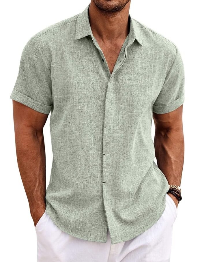 COOFANDY Men’s Linen Shirts Short Sleeve Casual Shirts Button Down Shirt for Men Beach Summer Wedding Shirt