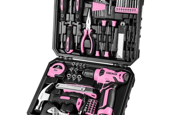 DEKOPRO Drill Set: Tool Set with 8V Pink Cordless Drill, Home Tool Kit with Drill, Hand Tool Kits for Women 126 Piece