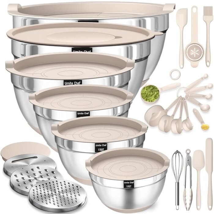 Mixing Bowls with Airtight Lids Set, 26PCS Stainless Steel Khaki Bowls with Grater Attachments, Non-Slip Bottoms & Kitchen Gadgets Set, Size 7, 4, 2.5, 2.0,1.5, 1QT, Great for…