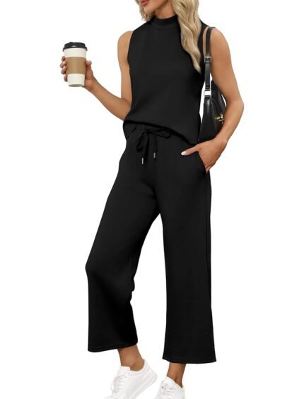 SAMPEEL Two Piece Sets for Women Summer Outfits Lounge Sets Mock Neck Tops Wide Leg Crop Pants Vacation Travel Outfits
