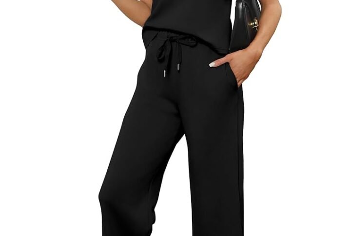 SAMPEEL Two Piece Sets for Women Summer Outfits Lounge Sets Mock Neck Tops Wide Leg Crop Pants Vacation Travel Outfits