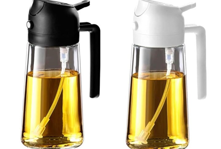 TrendPlain 16oz/470ml Olive Oil Sprayer for Cooking - 2 in 1 Olive Oil Dispenser for Kitchen Gadgets, Air Fryer, Salad, and BBQ - Black & White