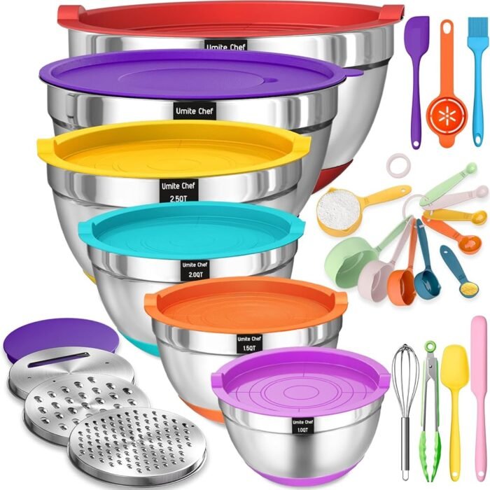 Umite Chef Mixing Bowls with Airtight Lids, 26Pcs Stainless Steel Bowls Set, 3 Grater Attachments & Colorful Non-Slip Bottoms Size 7, 4, 2.5, 2.0,1.5, 1QT, Great for Mixing &…